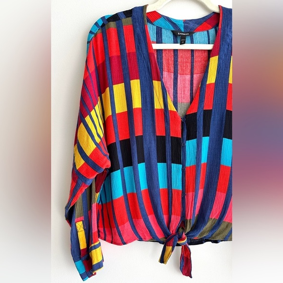 Express Colorblock Tie Waist Blouse, Red/Blue/Yellow/Orange, Size Medium - Picture 2 of 16
